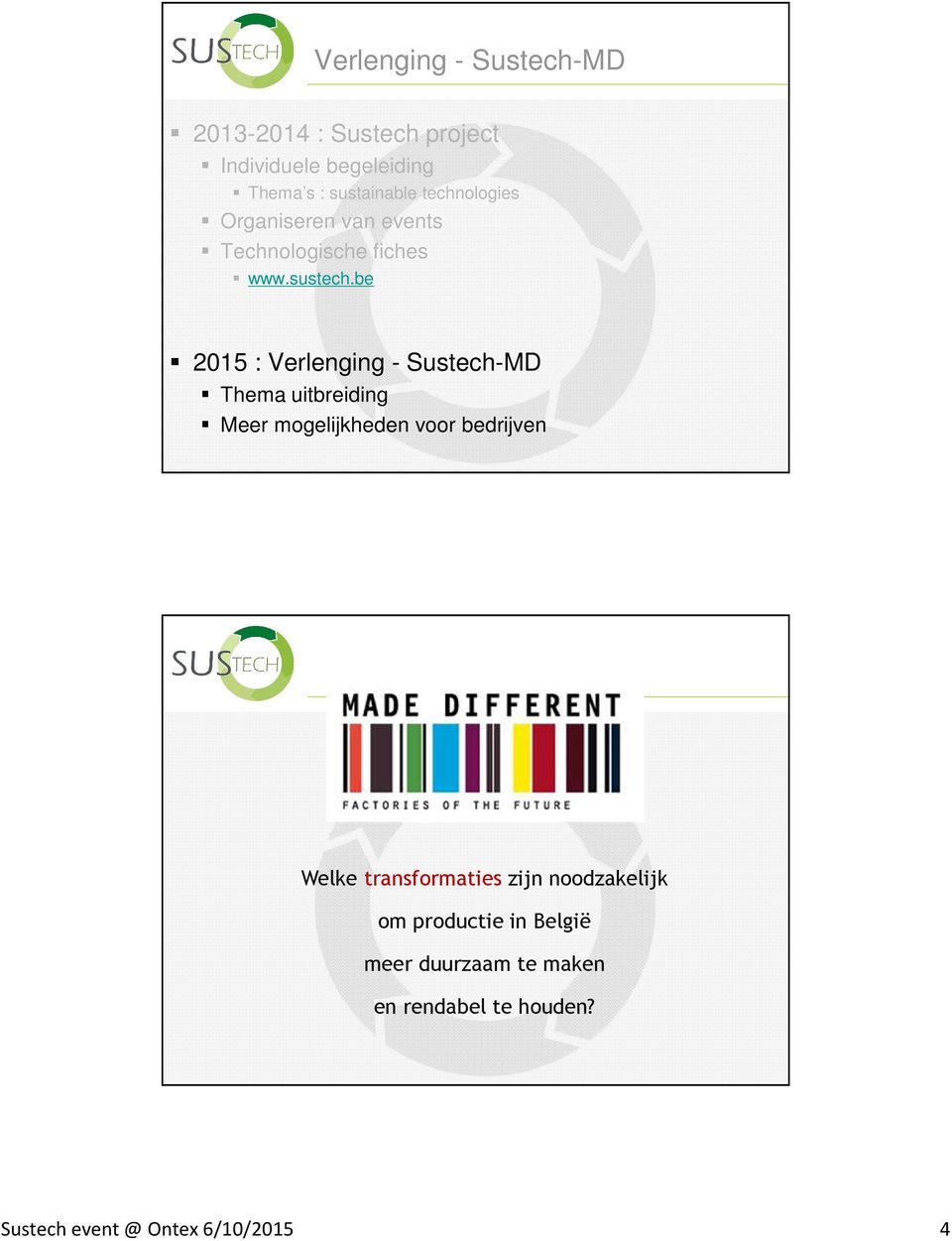 be 2015 : Verlenging - Sustech-MD Thema uitbreiding Meer mogelijkheden voor bedrijven Welke