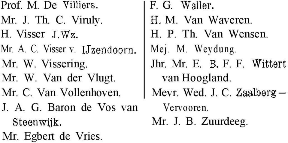 F. G. Waller. EI. M. Van Waveren. H. P. Th. Van Wensen. Mej. M. Weydung. Jhr. Mr. E. 3 F. F. Witte!