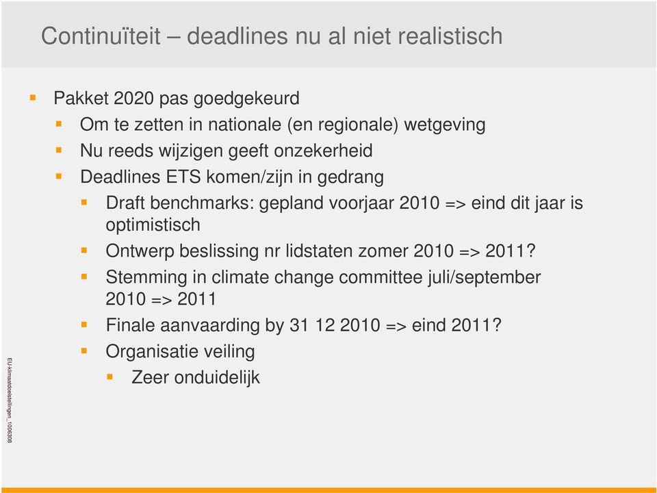 gepland voorjaar 2010 => eind dit jaar is optimistisch Ontwerp beslissing nr lidstaten zomer 2010 => 2011?