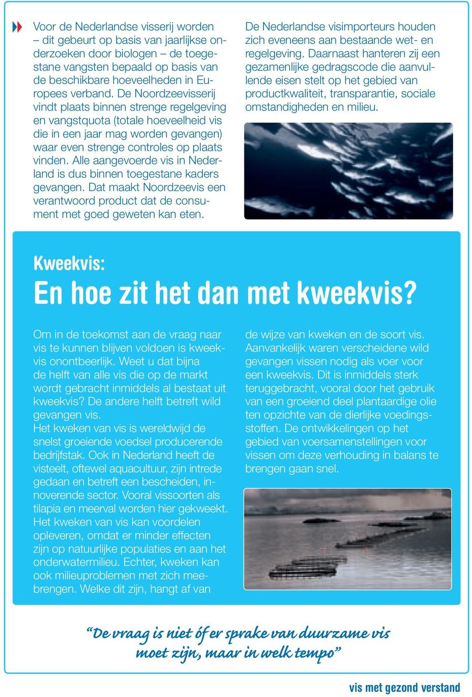 Alle aangevoerde vis in Nederland is dus binnen toegestane kaders gevangen. Dat maakt Noordzeevis een verantwoord product dat de consument met goed geweten kan eten.