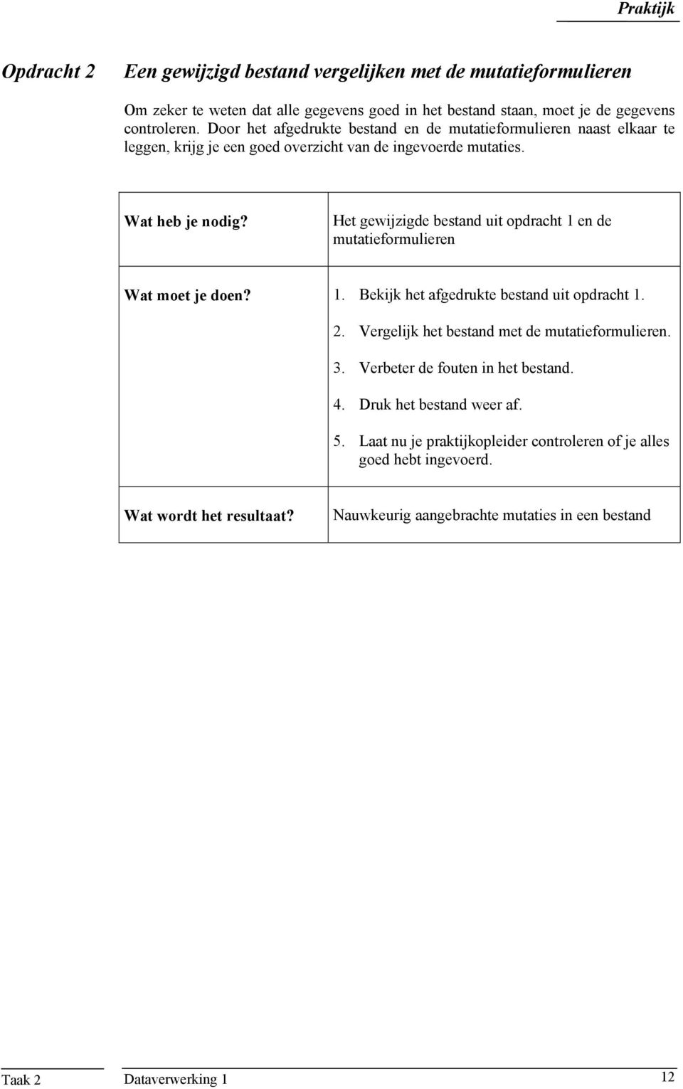 Het gewijzigde bestand uit opdracht 1 en de mutatieformulieren Wat moet je doen? 1. Bekijk het afgedrukte bestand uit opdracht 1. 2. Vergelijk het bestand met de mutatieformulieren. 3.