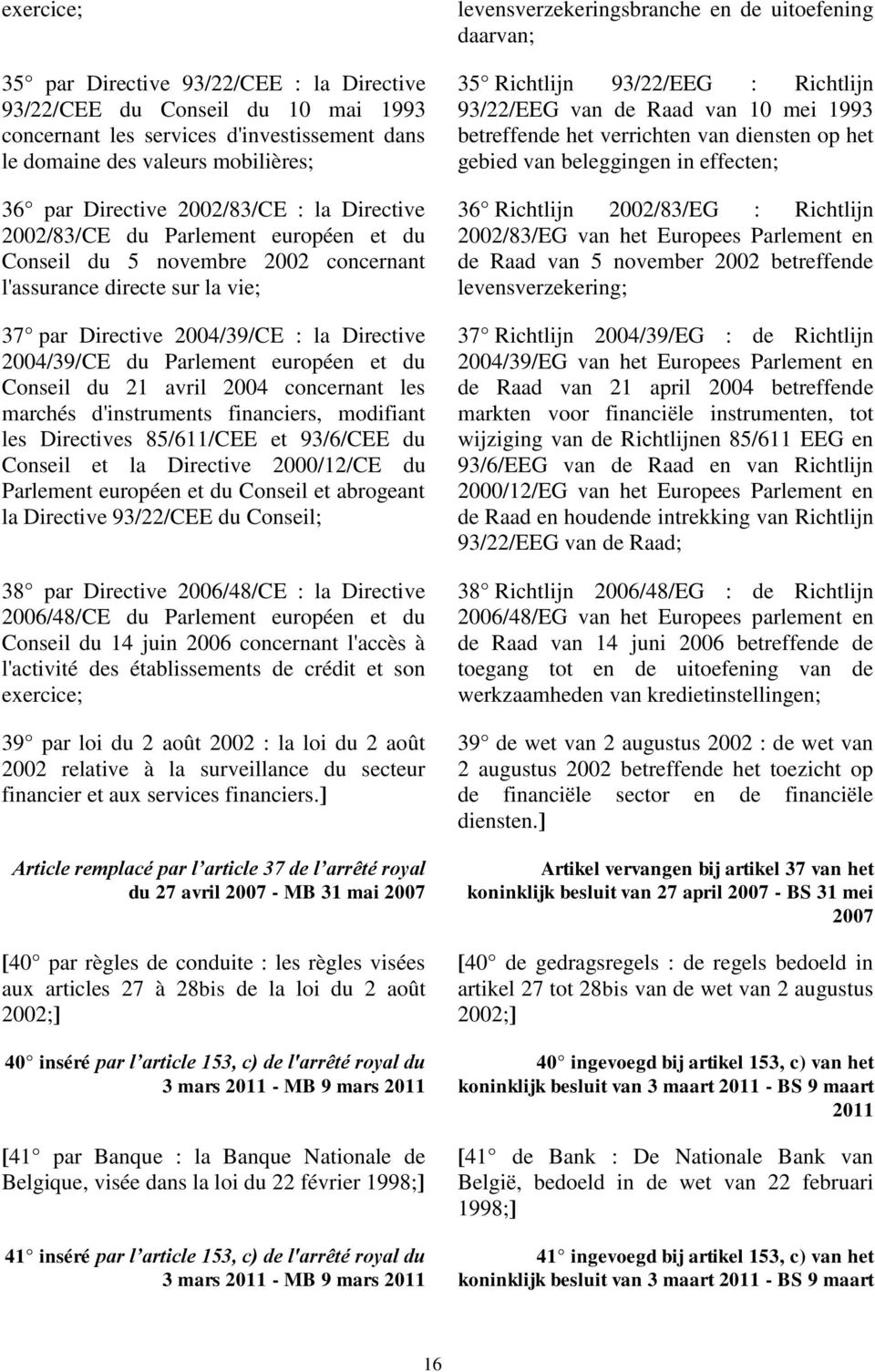 et du Conseil du 21 avril 2004 concernant les marchés d'instruments financiers, modifiant les Directives 85/611/CEE et 93/6/CEE du Conseil et la Directive 2000/12/CE du Parlement européen et du