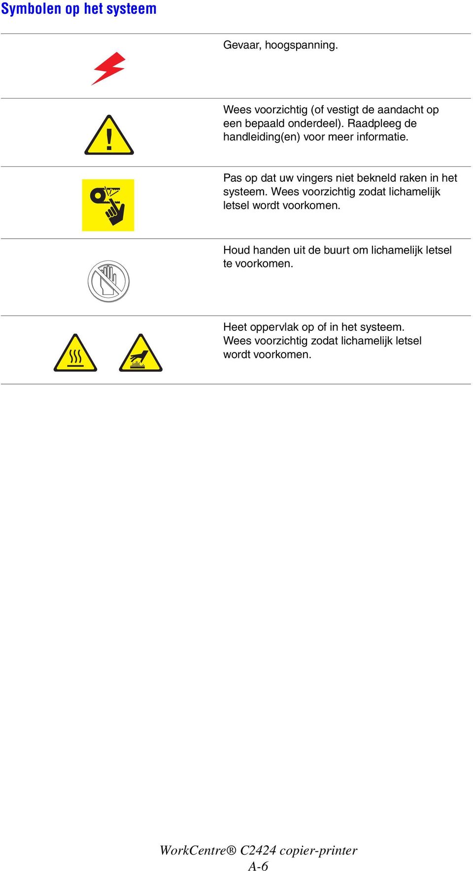 Raadpleeg de handleiding(en) voor meer informatie. Pas op dat uw vingers niet bekneld raken in het systeem.