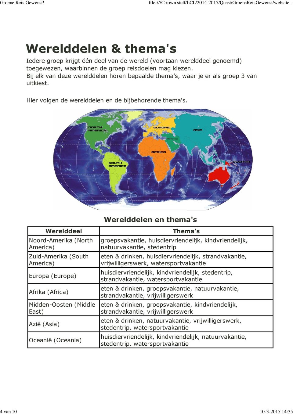 Werelddelen en thema's Werelddeel Noord-Amerika (North America) Zuid-Amerika (South America) Europa (Europe) Afrika (Africa) Midden-Oosten (Middle East) Azië (Asia) Oceanië (Oceania) Thema's