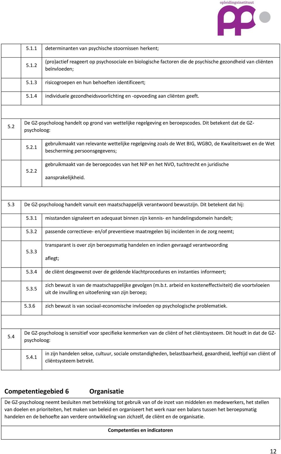 De GZ-psycholoog handelt op grond van wettelijke regelgeving en beroepscodes. Dit betekent dat de GZpsycholoog: 5.2.