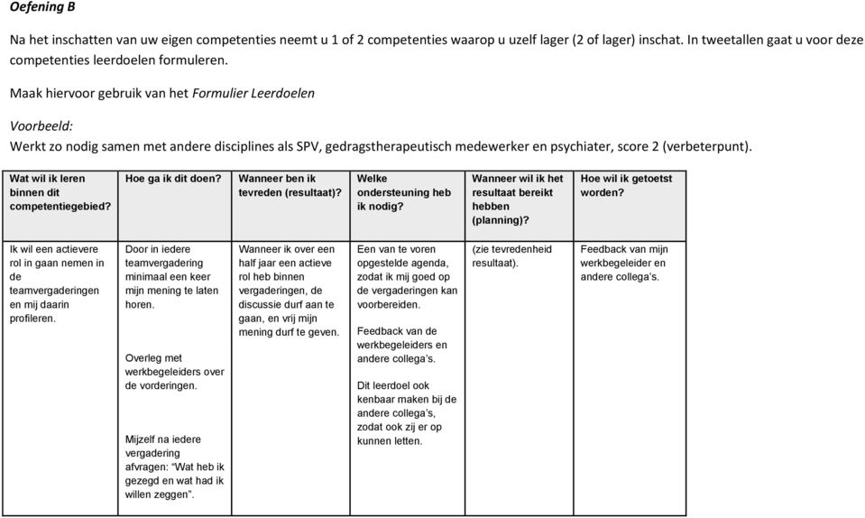 Wat wil ik leren binnen dit competentiegebied? Hoe ga ik dit doen? Wanneer ben ik tevreden (resultaat)? Welke ondersteuning heb ik nodig? Wanneer wil ik het resultaat bereikt hebben (planning)?