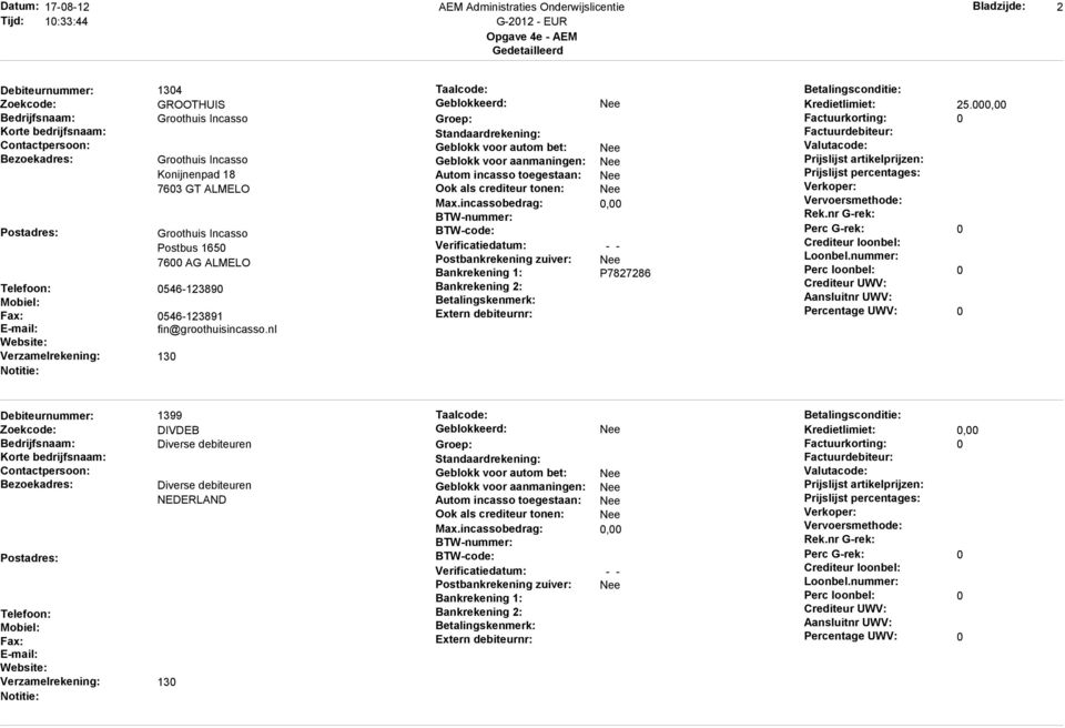 nl 130 Autom incasso toegestaan: Ook als crediteur tonen: Postbankrekening zuiver: P7827286 Kredietlimiet: 25.
