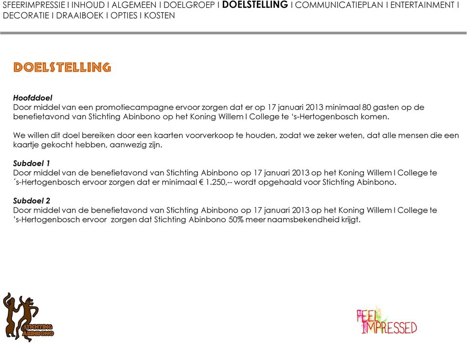 Subdoel 1 Door middel van de benefietavond van Stichting Abinbono op 17 januari 2013 op het Koning Willem I College te s-hertogenbosch ervoor zorgen dat er minimaal 1.