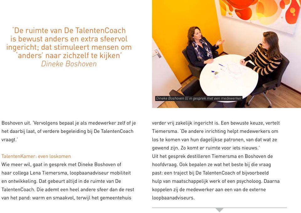 TalentenKamer: even loskomen Wie meer wil, gaat in gesprek met Dineke Boshoven of haar collega Lena Tiemersma, loopbaanadviseur mobiliteit en ontwikkeling.