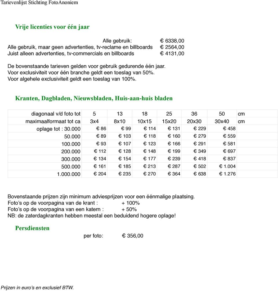 Kranten, Dagbladen, Nieuwsbladen, Huis-aan-huis bladen diagonaal v/d foto tot 5 13 18 25 36 50 cm maximaalformaat tot ca 3x4 8x10 10x15 15x20 20x30 30x40 cm oplage tot : 30.