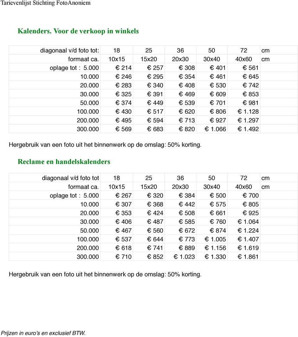 492 Hergebruik van een foto uit het binnenwerk op de omslag: 50% korting. Reclame en handelskalenders diagonaal v/d foto tot 18 25 36 50 72 cm formaat ca.