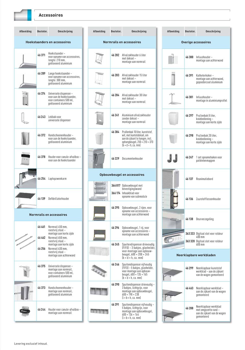 gepoedercoat aluminium 46 374 Universele dispenser voor aan de hoekstaander, voor containers 500 ml, 46 284 Afvalzakhouder 30 liter met deksel 46 381 Infuushouder montage in aluminiumprofiel 46 243