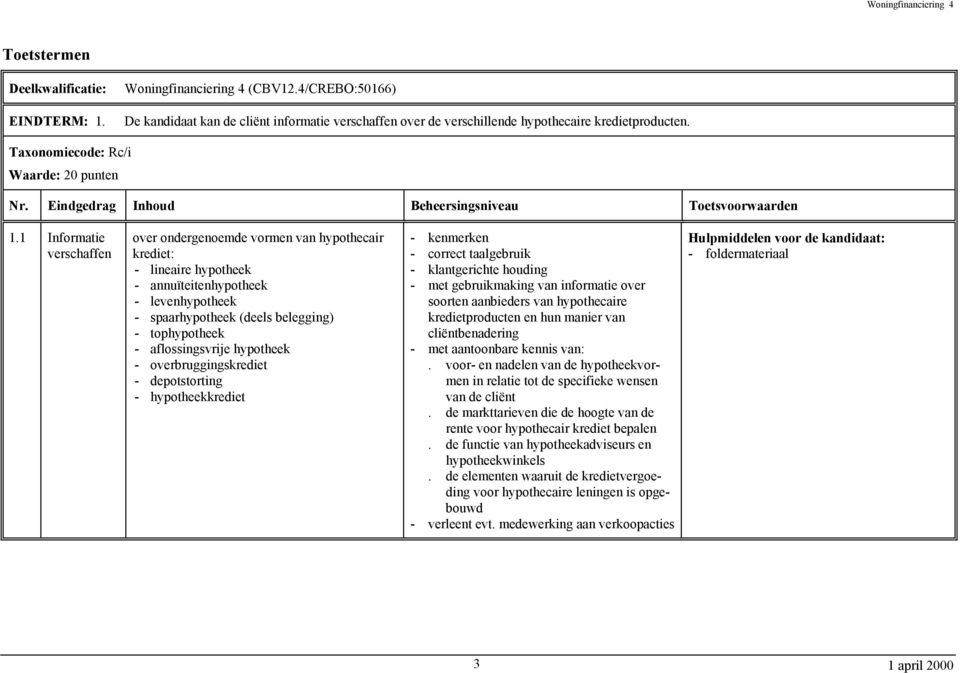 aflossingsvrije hypotheek - overbruggingskrediet - depotstorting - hypotheekkrediet - kenmerken - correct taalgebruik - klantgerichte houding - met gebruikmaking van informatie over soorten