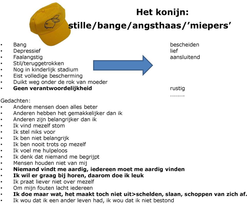 Gedachten: Andere mensen doen alles beter Anderen hebben het gemakkelijker dan ik Anderen zijn belangrijker dan ik Ik vind mezelf stom Ik stel niks voor Ik ben niet belangrijk Ik ben nooit trots op