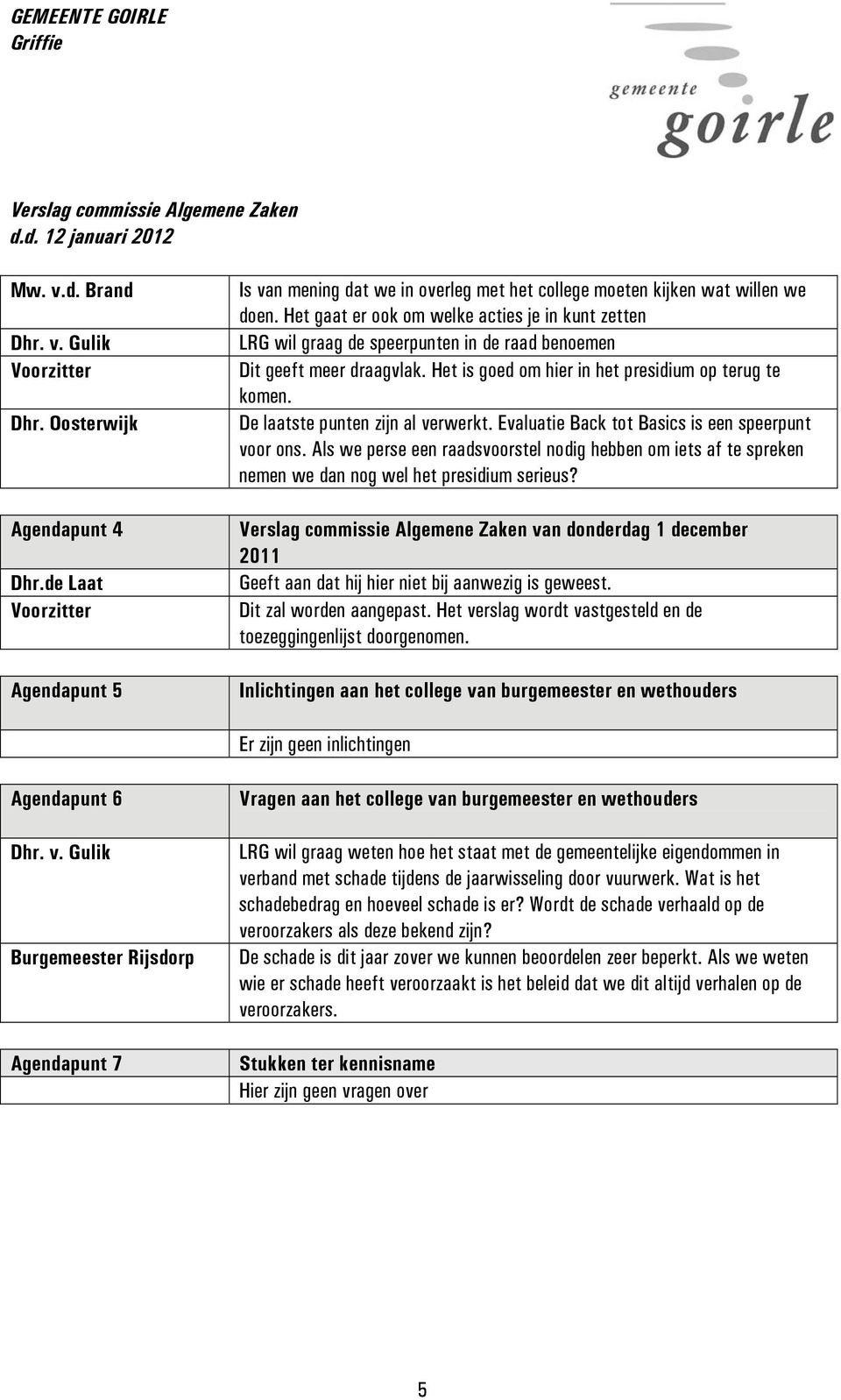 De laatste punten zijn al verwerkt. Evaluatie Back tot Basics is een speerpunt voor ons. Als we perse een raadsvoorstel nodig hebben om iets af te spreken nemen we dan nog wel het presidium serieus?