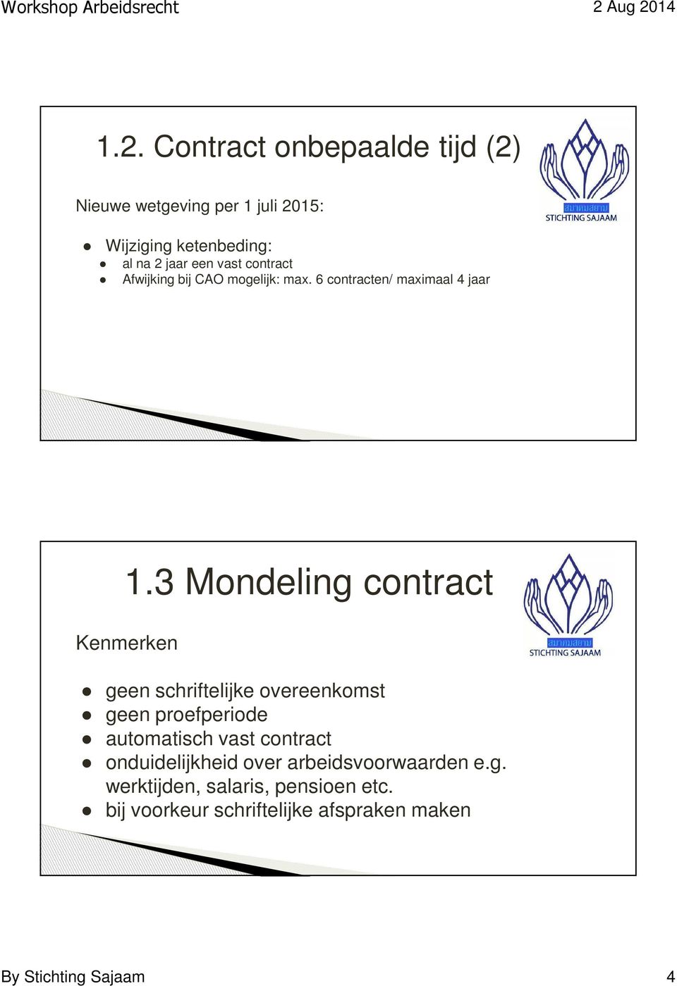 3 Mondeling contract Kenmerken geen schriftelijke overeenkomst geen proefperiode automatisch vast contract
