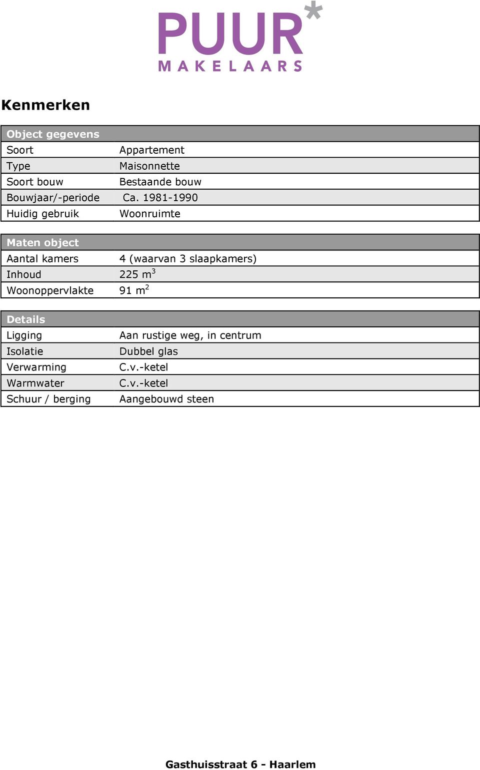 1981-1990 Huidig gebruik Woonruimte Maten object Aantal kamers 4 (waarvan 3 slaapkamers) Inhoud 225