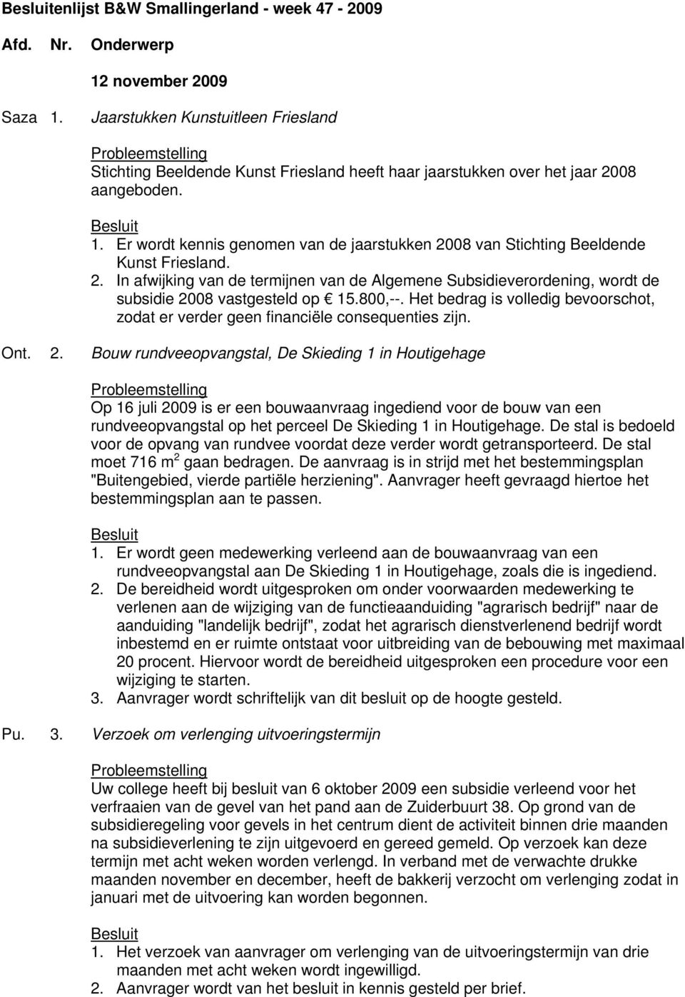 Er wordt kennis genomen van de jaarstukken 2008 van Stichting Beeldende Kunst Friesland. 2. In afwijking van de termijnen van de Algemene Subsidieverordening, wordt de subsidie 2008 vastgesteld op 15.
