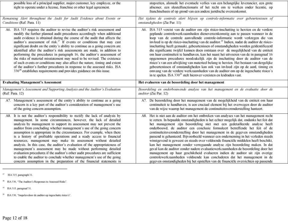 ISA 315 requires the auditor to revise the auditor s risk assessment and modify the further planned audit procedures accordingly when additional audit evidence is obtained during the course of the