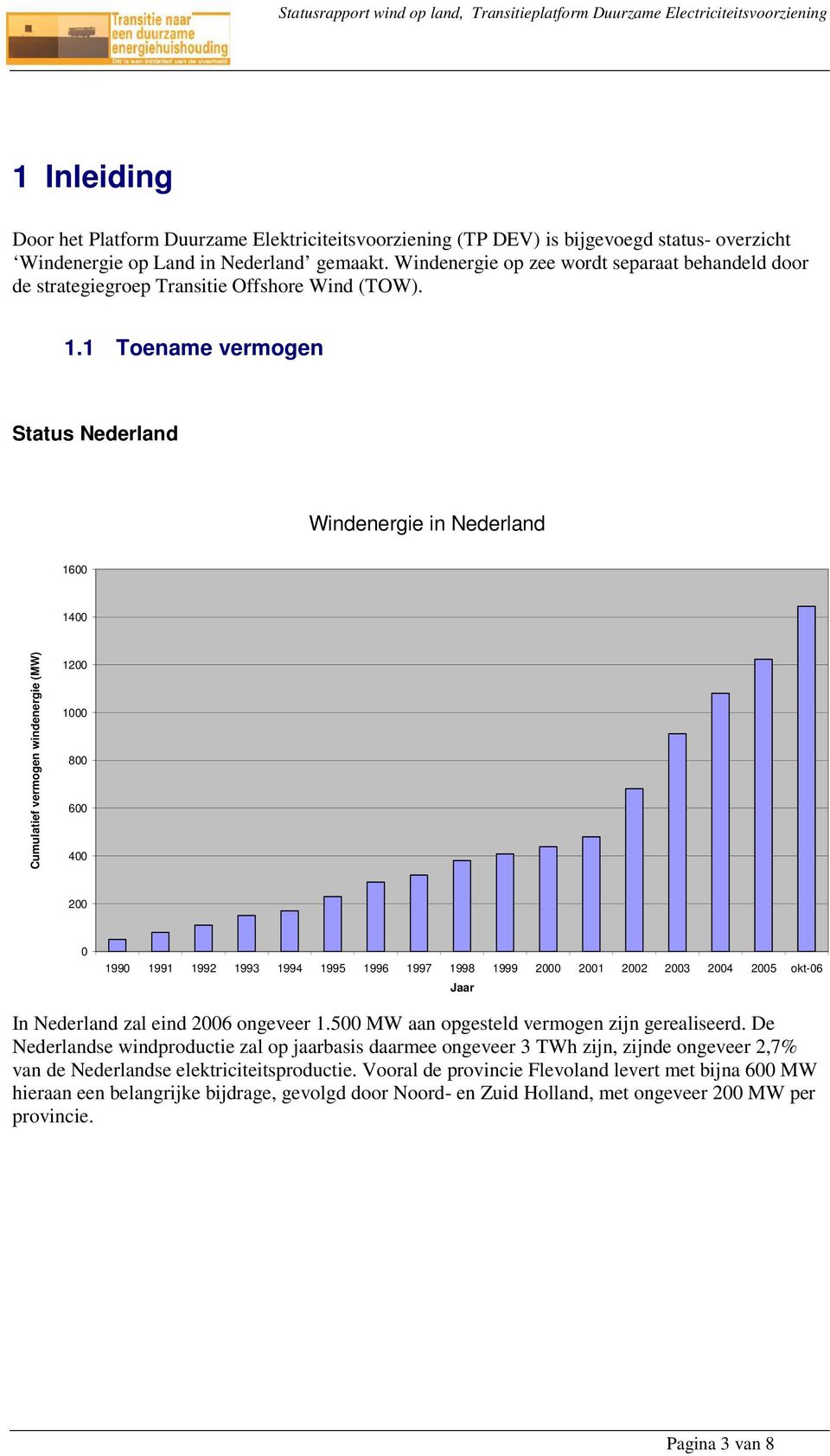 1 Toename vermogen Status Nederland Windenergie in Nederland 1600 1400 Cumulatief vermogen windenergie (MW) 1200 1000 800 600 400 200 0 1990 1991 1992 1993 1994 1995 1996 1997 1998 1999 2000 2001