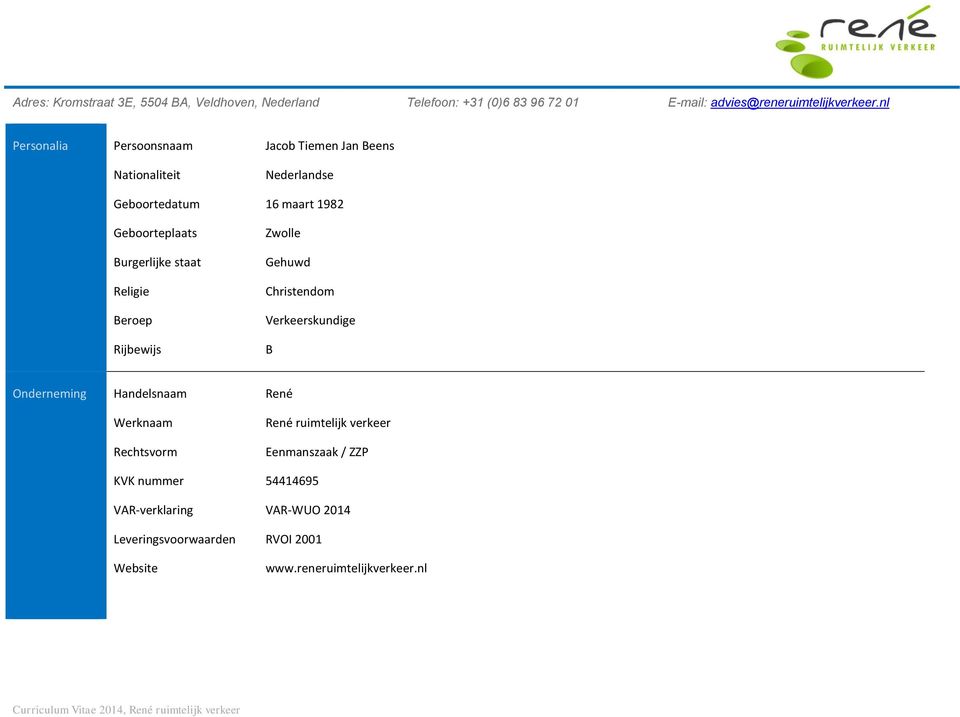 staat Religie Beroep Rijbewijs Zwolle Gehuwd Christendom Verkeerskundige B Onderneming Handelsnaam René Werknaam Rechtsvorm René