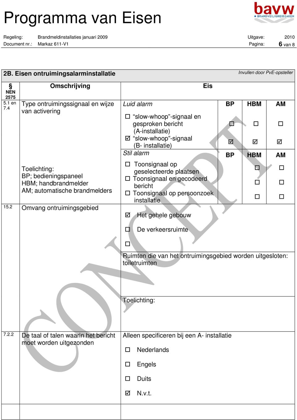 2 Omvang ontruimingsgebied Eis Luid alarm BP HBM AM slow-whoop -signaal en gesproken bericht d (A-installatie) slow-whoop -signaal (B- installatie) d Stil alarm BP HBM AM Toonsignaal op geselecteerde