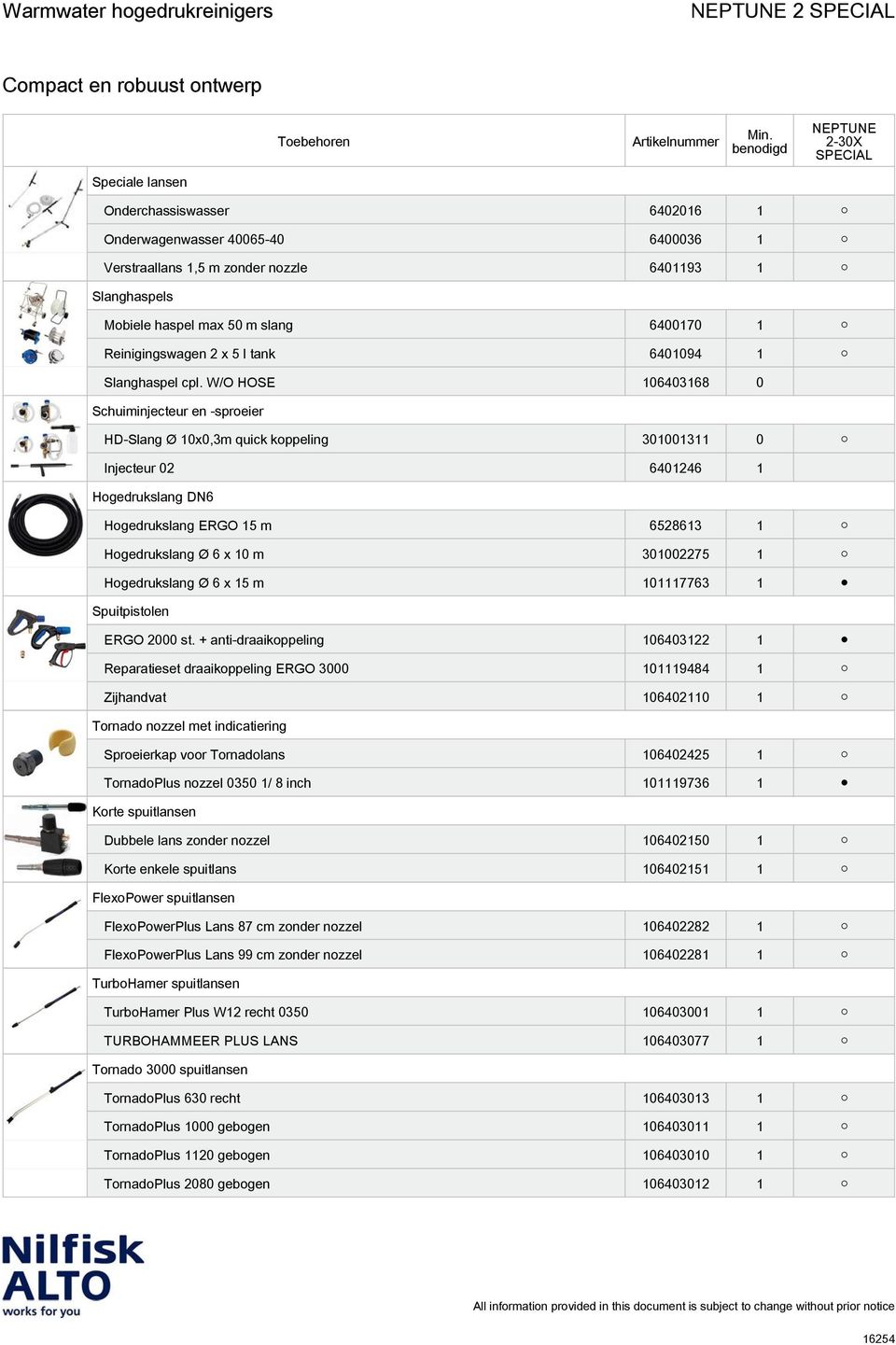 W/O HOSE 106403168 0 Schuiminjecteur en -sproeier HD-Slang Ø 10x0,3m quick koppeling 301001311 0 Injecteur 02 6401246 1 Hogedrukslang DN6 Hogedrukslang ERGO 15 m 6528613 1 Hogedrukslang Ø 6 x 10 m