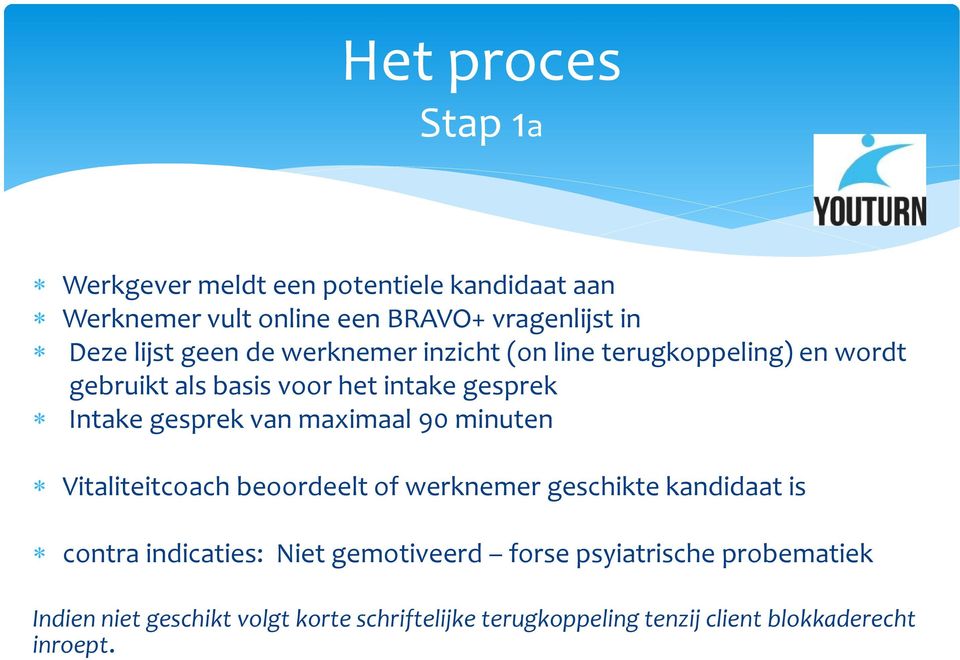 maximaal 90 minuten Vitaliteitcoach beoordeelt of werknemer geschikte kandidaat is contra indicaties: Niet gemotiveerd