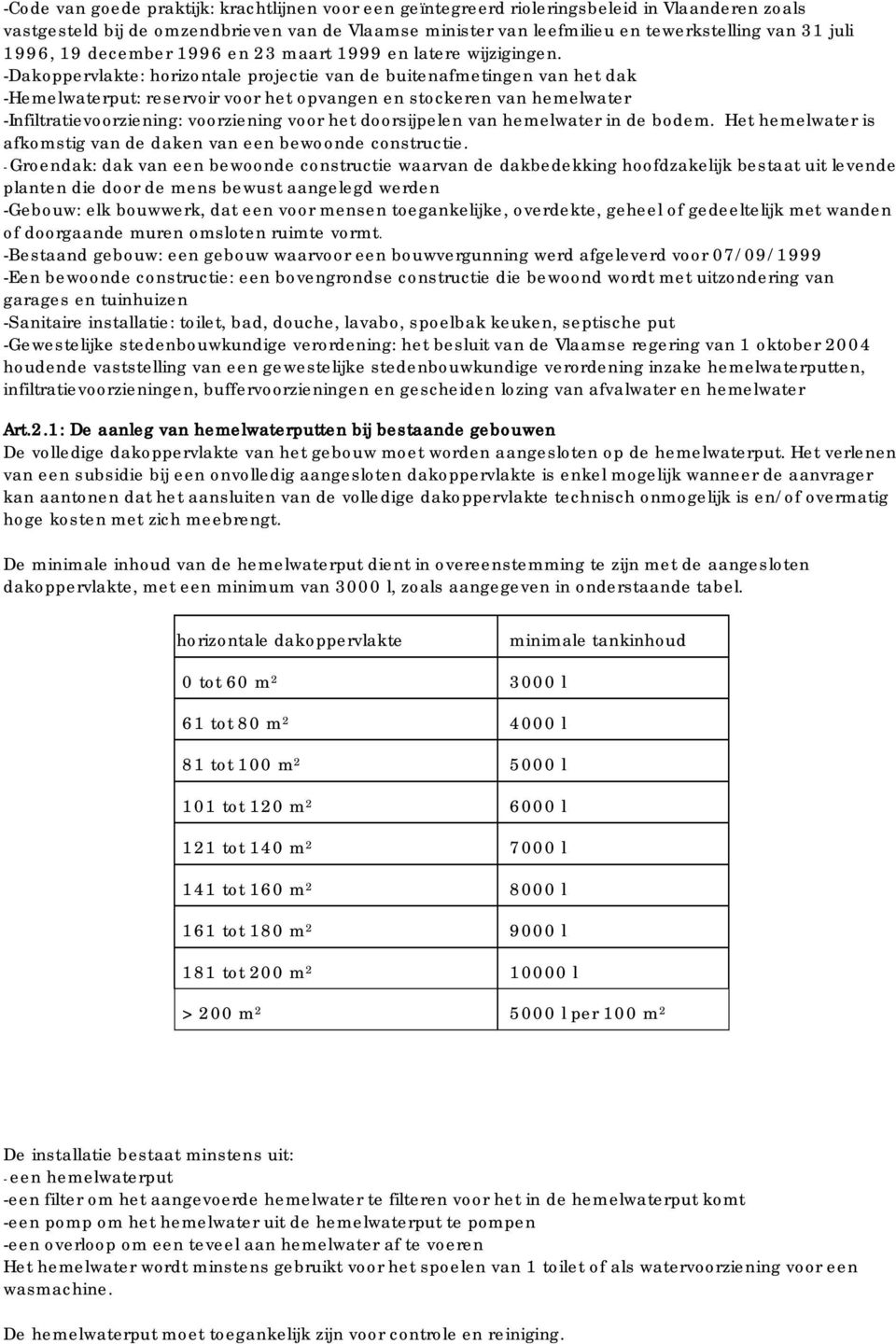 -Dakoppervlakte: horizontale projectie van de buitenafmetingen van het dak -Hemelwaterput: reservoir voor het opvangen en stockeren van hemelwater -Infiltratievoorziening: voorziening voor het