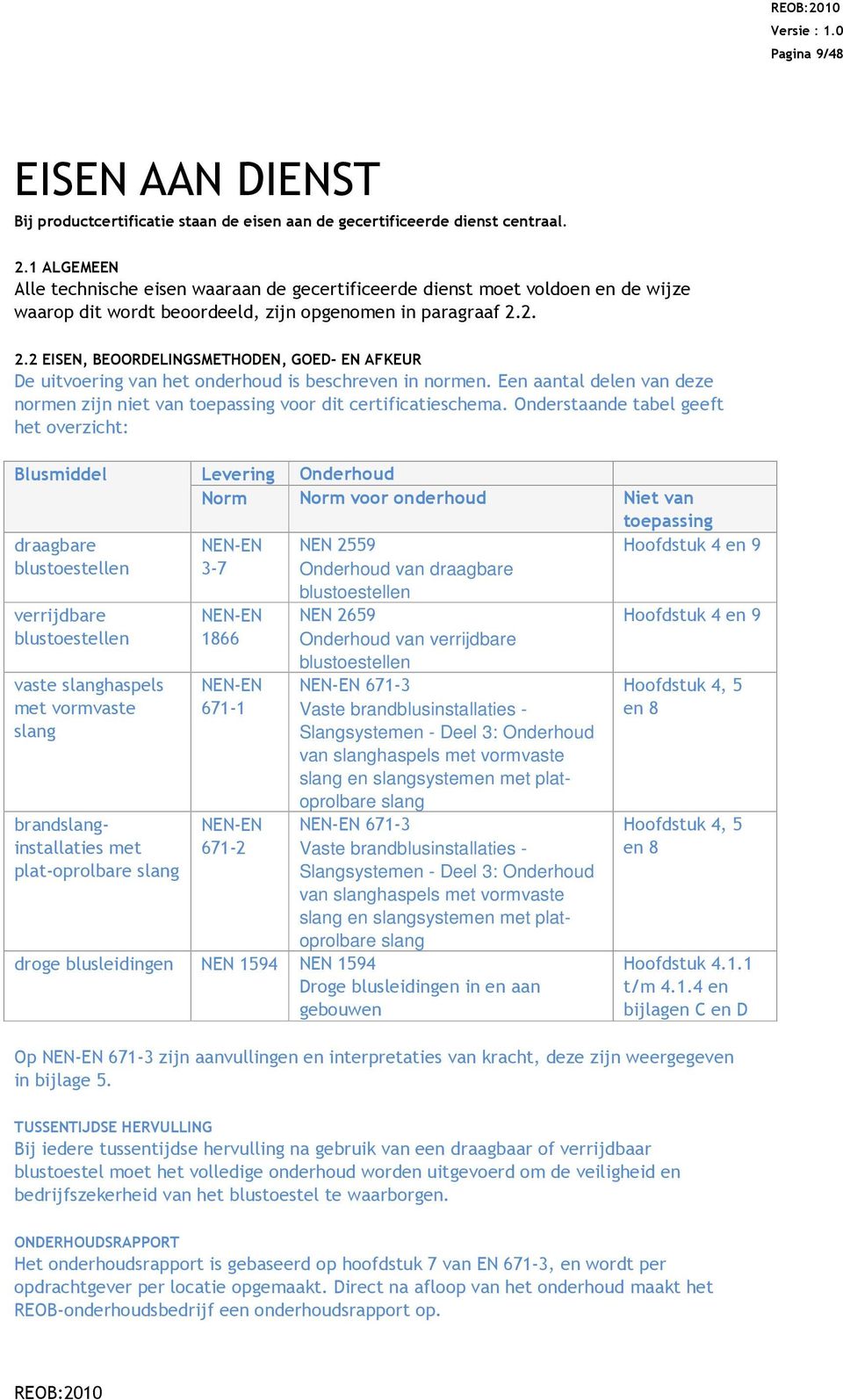 2. 2.2 EISEN, BEOORDELINGSMETHODEN, GOED- EN AFKEUR De uitvoering van het onderhoud is beschreven in normen. Een aantal delen van deze normen zijn niet van toepassing voor dit certificatieschema.