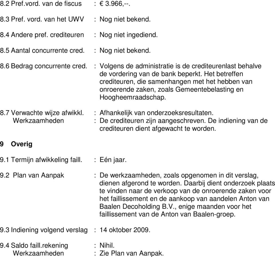 Het betreffen crediteuren, die samenhangen met het hebben van onroerende zaken, zoals Gemeentebelasting en Hoogheemraadschap. 8.7 Verwachte wijze afwikkl. : Afhankelijk van onderzoeksresultaten.