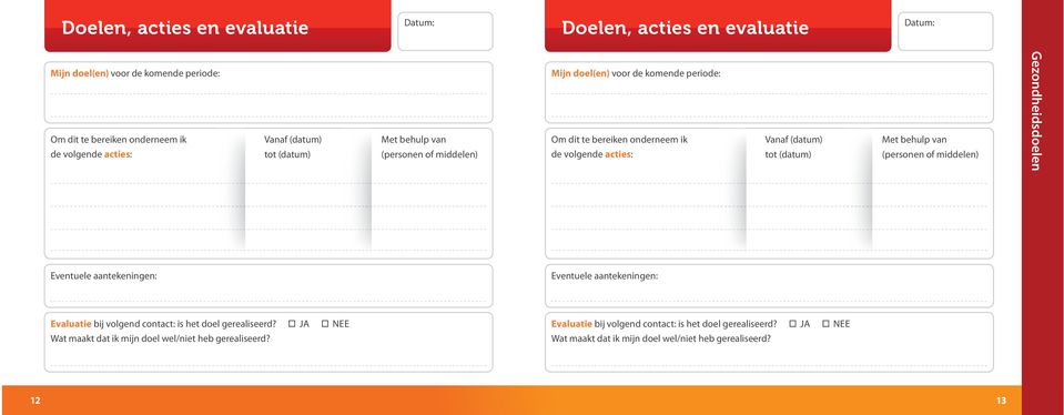 (datum) Met behulp van (personen of middelen) Gezondheidsdoelen Eventuele aantekeningen: Eventuele aantekeningen: Evaluatie bij volgend contact: is het doel
