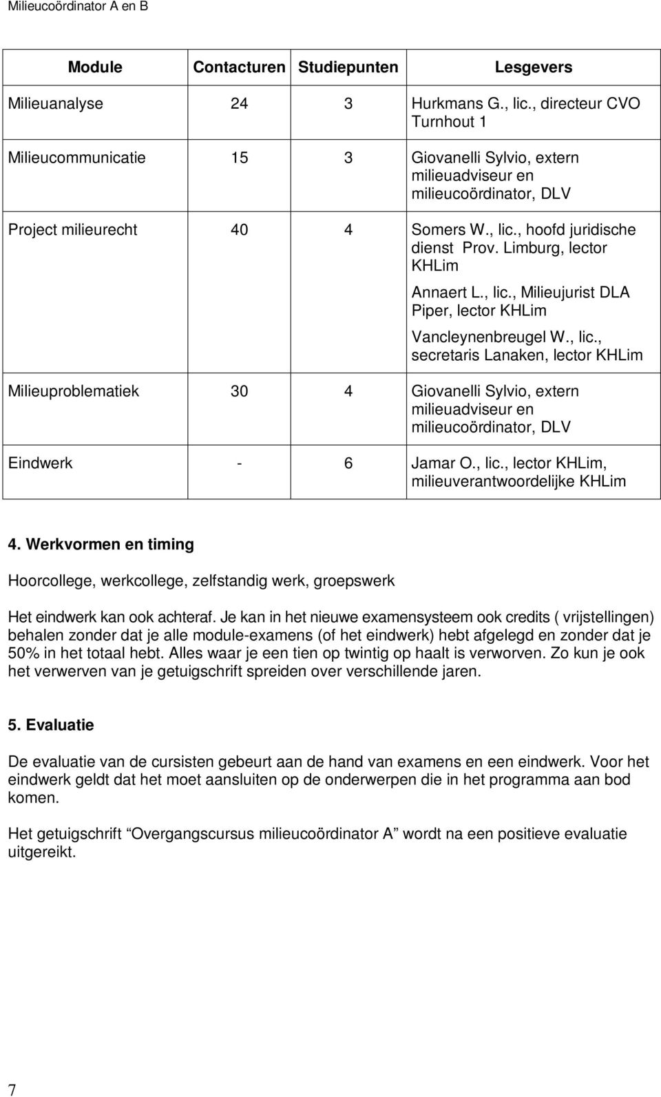 Limburg, lector KHLim Annaert L., lic., Milieujurist DLA Piper, lector KHLim Vancleynenbreugel W., lic., secretaris Lanaken, lector KHLim Milieuproblematiek 30 Giovanelli Sylvio, extern milieuadviseur en milieucoördinator, DLV Eindwerk - 6 Jamar O.