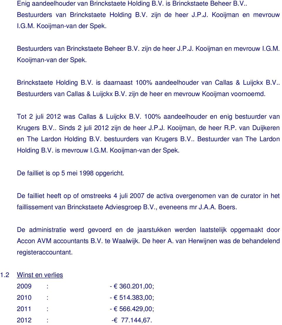 V. zijn de heer en mevrouw Kooijman voornoemd. Tot 2 juli 2012 was Callas & Luijckx B.V. 100% aandeelhouder en enig bestuurder van Krugers B.V.. Sinds 2 juli 2012 zijn de heer J.P.J. Kooijman, de heer R.