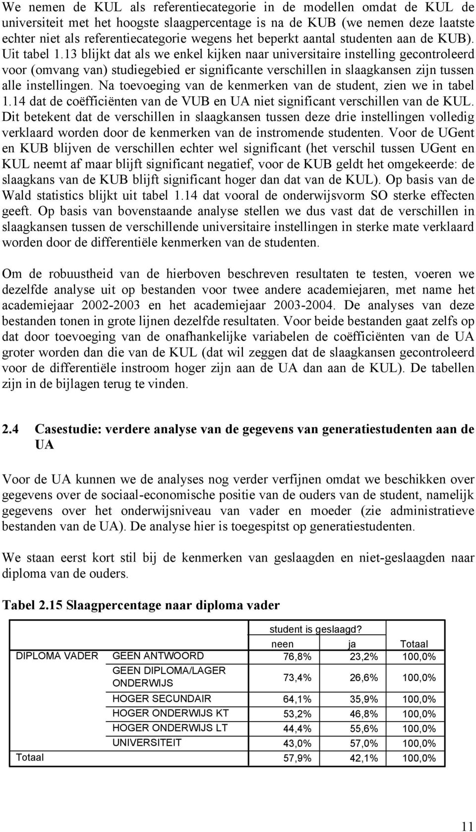 13 blijkt dat als we enkel kijken naar universitaire instelling gecontroleerd voor (omvang van) studiegebied er significante verschillen in slaagkansen zijn tussen alle instellingen.