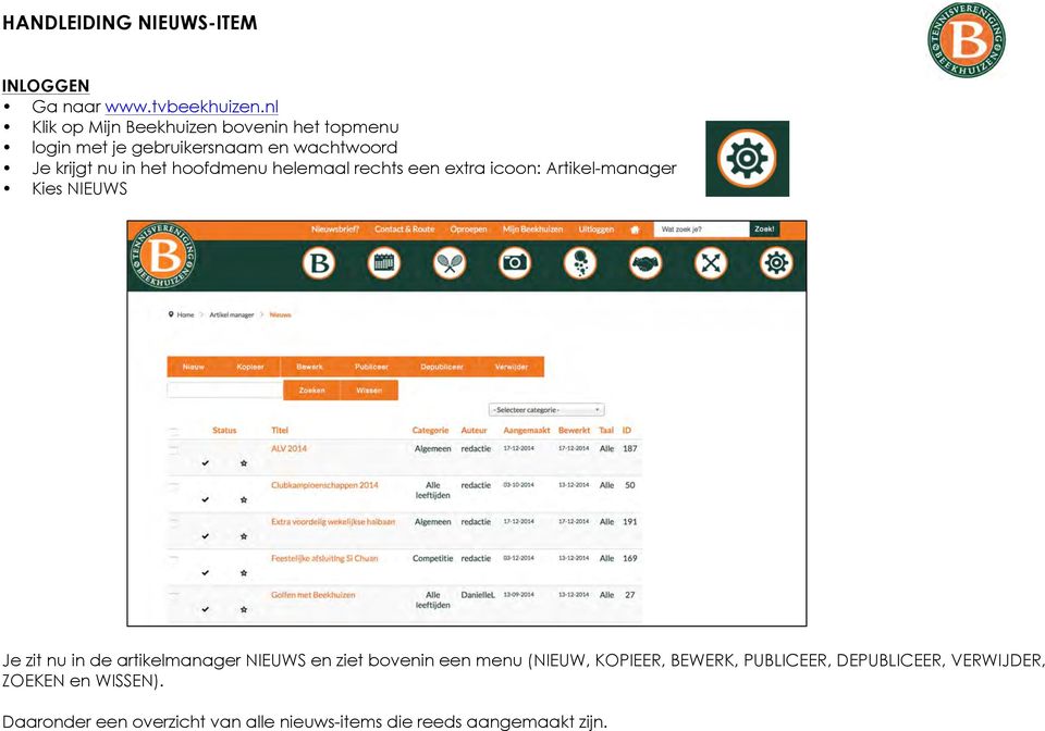 het hoofdmenu helemaal rechts een extra icoon: Artikel-manager Kies NIEUWS Je zit nu in de artikelmanager