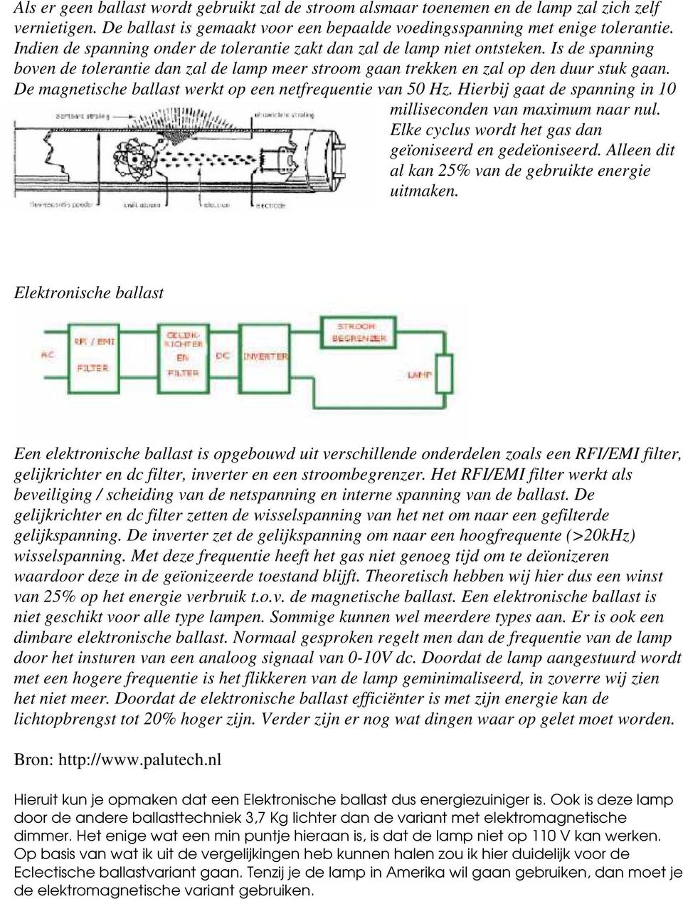 De magnetische ballast werkt op een netfrequentie van 50 Hz. Hierbij gaat de spanning in 10 milliseconden van maximum naar nul. Elke cyclus wordt het gas dan geïoniseerd en gedeïoniseerd.