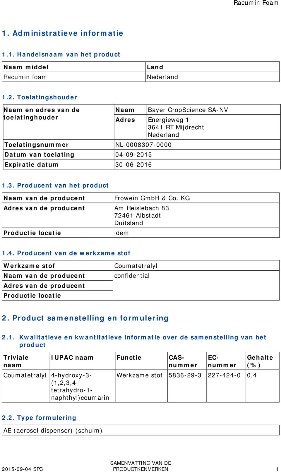 Expiratie datum 30-06-2016 1.3. Producent van het product Naam van de producent Frowein GmbH & Co. KG Adres van de producent Am Reislebach 83 7246