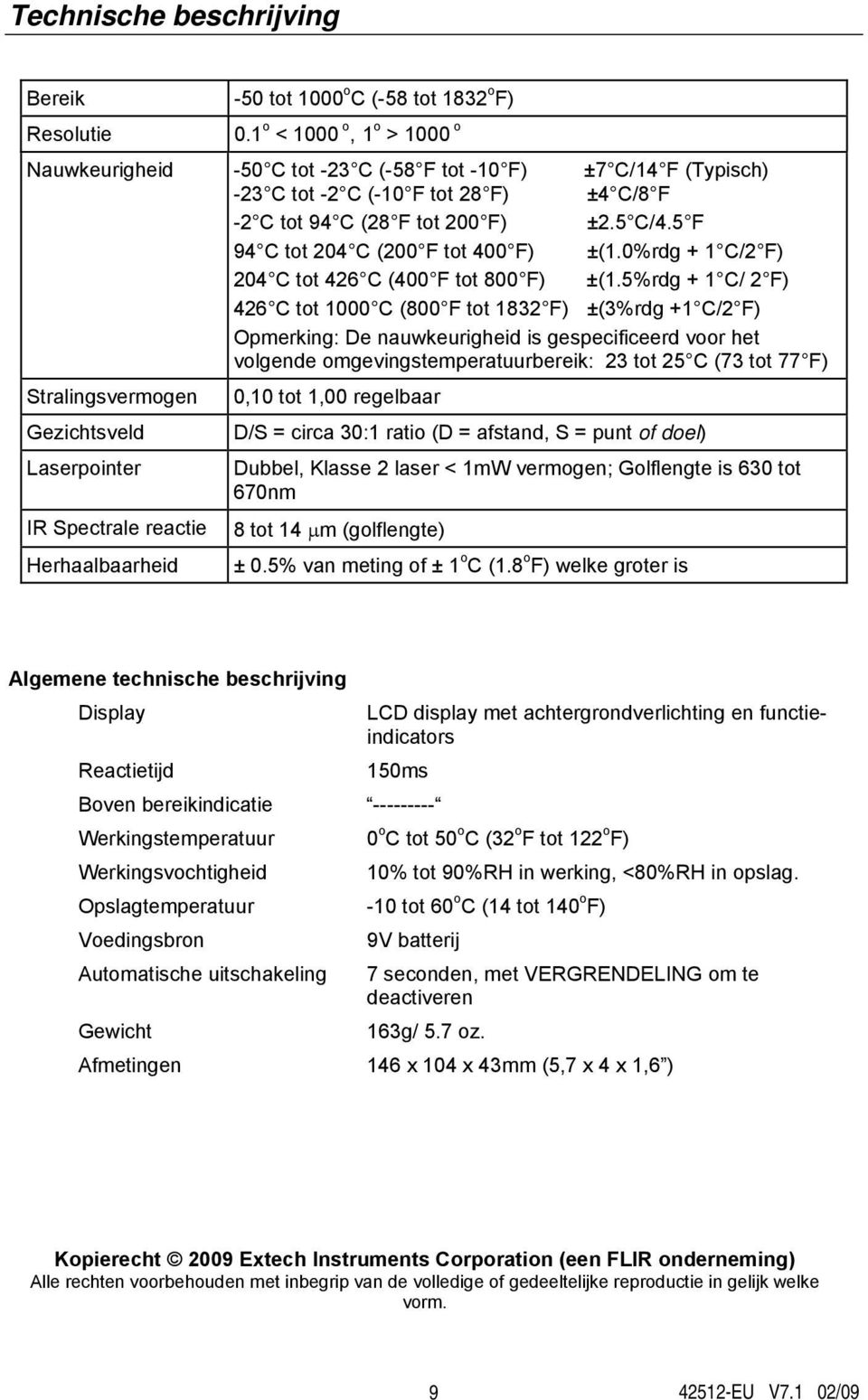 5 F 94 C tot 204 C (200 F tot 400 F) ±(1.0%rdg + 1 C/2 F) 204 C tot 426 C (400 F tot 800 F) ±(1.