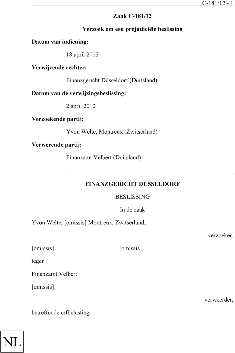 Yvon Welte, Montreux (Zwitserland) Verwerende partij: Finanzamt Velbert (Duitsland) FINANZGERICHT DÜSSELDORF