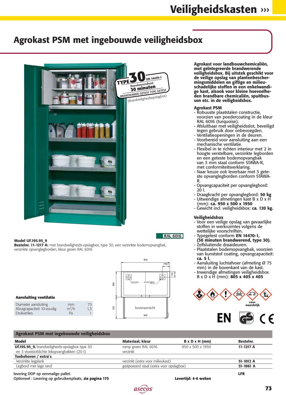 spuitbussen etc. in de veiligheidsbox. Agrokast PSM - Robuuste plaatstalen constructie, voorzien van poedercoating in de kleur RAL 6016 (turquoise).