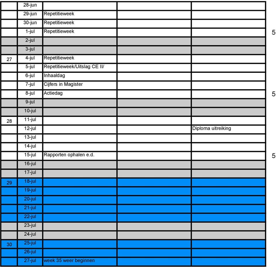 Actiedag 5 9-jul 10-jul 28 11-jul 12-jul Diploma uitreiking 13-jul 14-jul 15-jul Rapporten ophalen e.