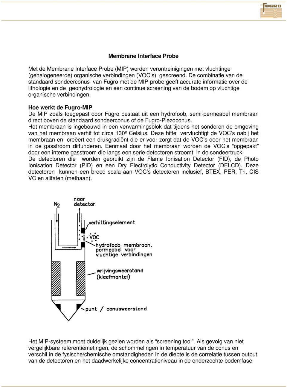 verbindingen. Hoe werkt de Fugro-MIP De MIP zoals toegepast door Fugro bestaat uit een hydrofoob, semi-permeabel membraan direct boven de standaard sondeerconus of de Fugro-Piezoconus.