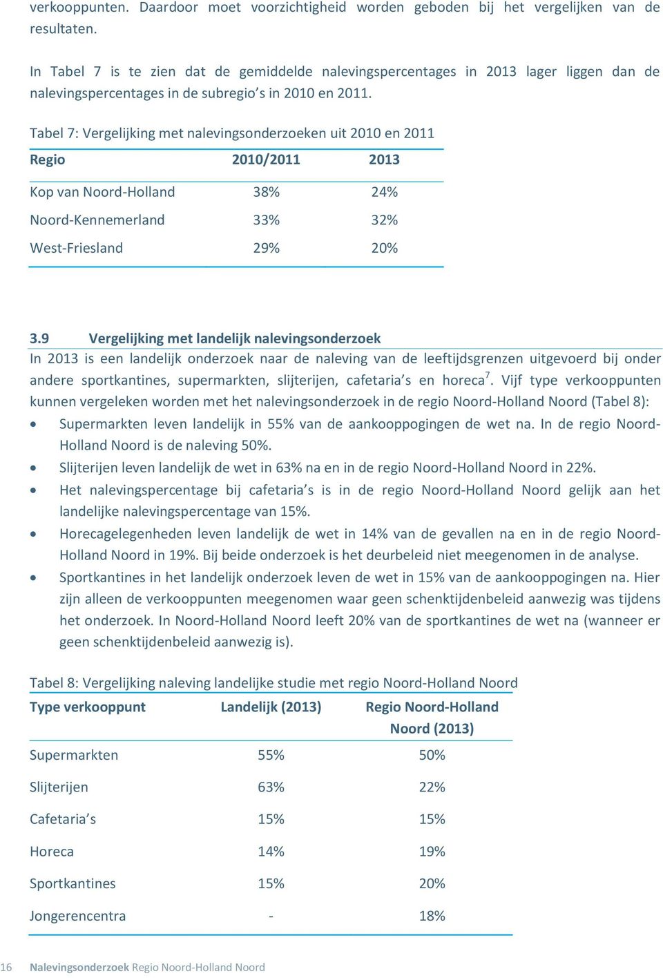 Tabel 7: Vergelijking met nalevingsonderzoeken uit 2010 en 2011 Regio 2010/2011 2013 Kop van Noord-Holland Noord-Kennemerland West-Friesland 38% 33% 29% 24% 32% 20% 3.