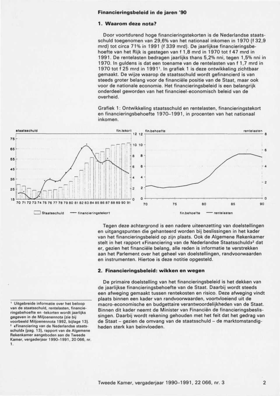 De jaarlijkse financieringsbe hoefte van het Rijk is gestegen van f 1,8 mrd in 1970 tot f 47 mrd in 1991. De rentelasten bedragen jaarlijks thans 5,2% nni, tegen 1,5% nni in 1970.
