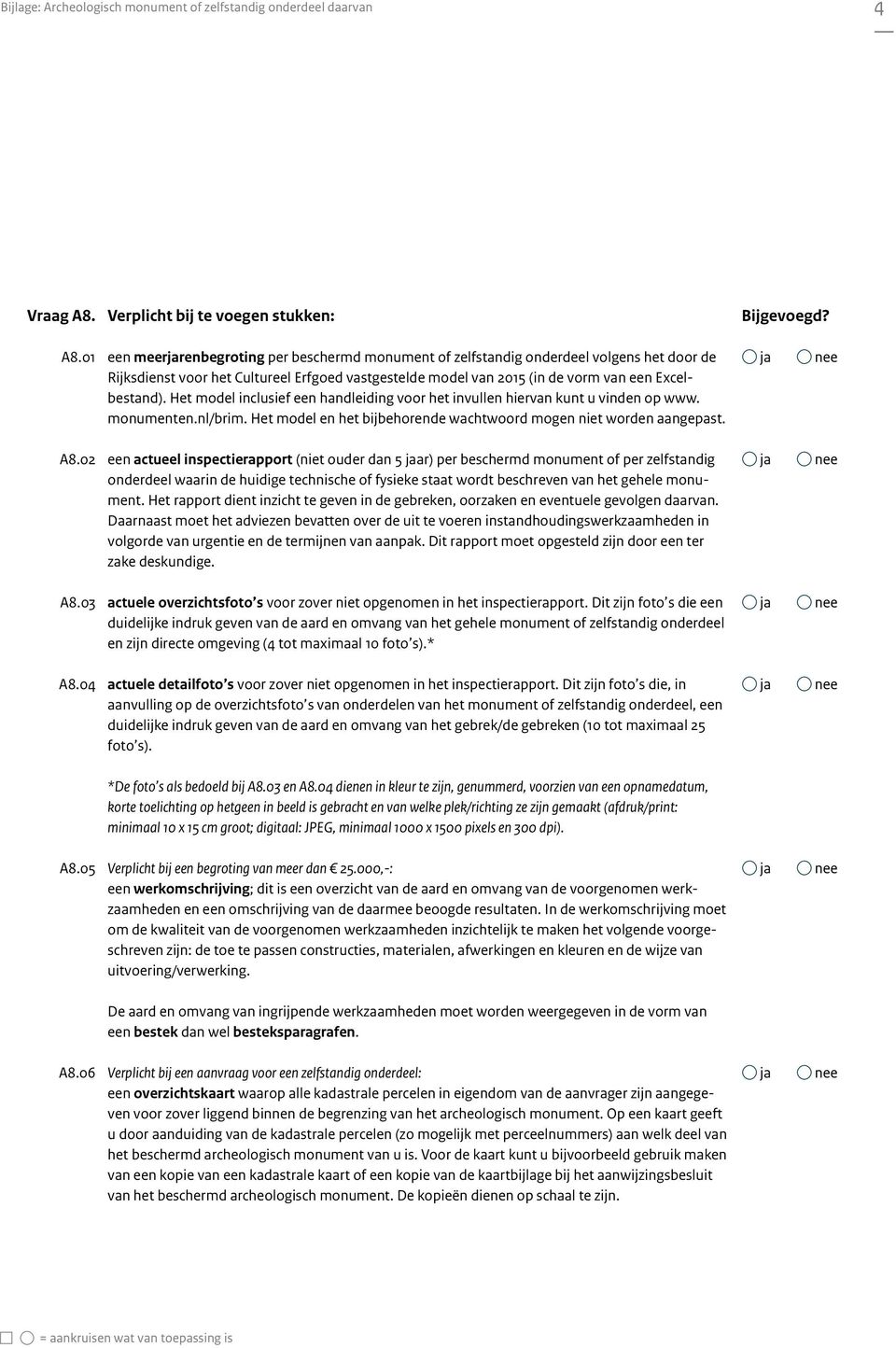 01 een meerrenbegroting per beschermd monument of zelfstandig onderdeel volgens het door de Rijksdienst voor het Cultureel Erfgoed vastgestelde model van 2015 (in de vorm van een Excelbestand).