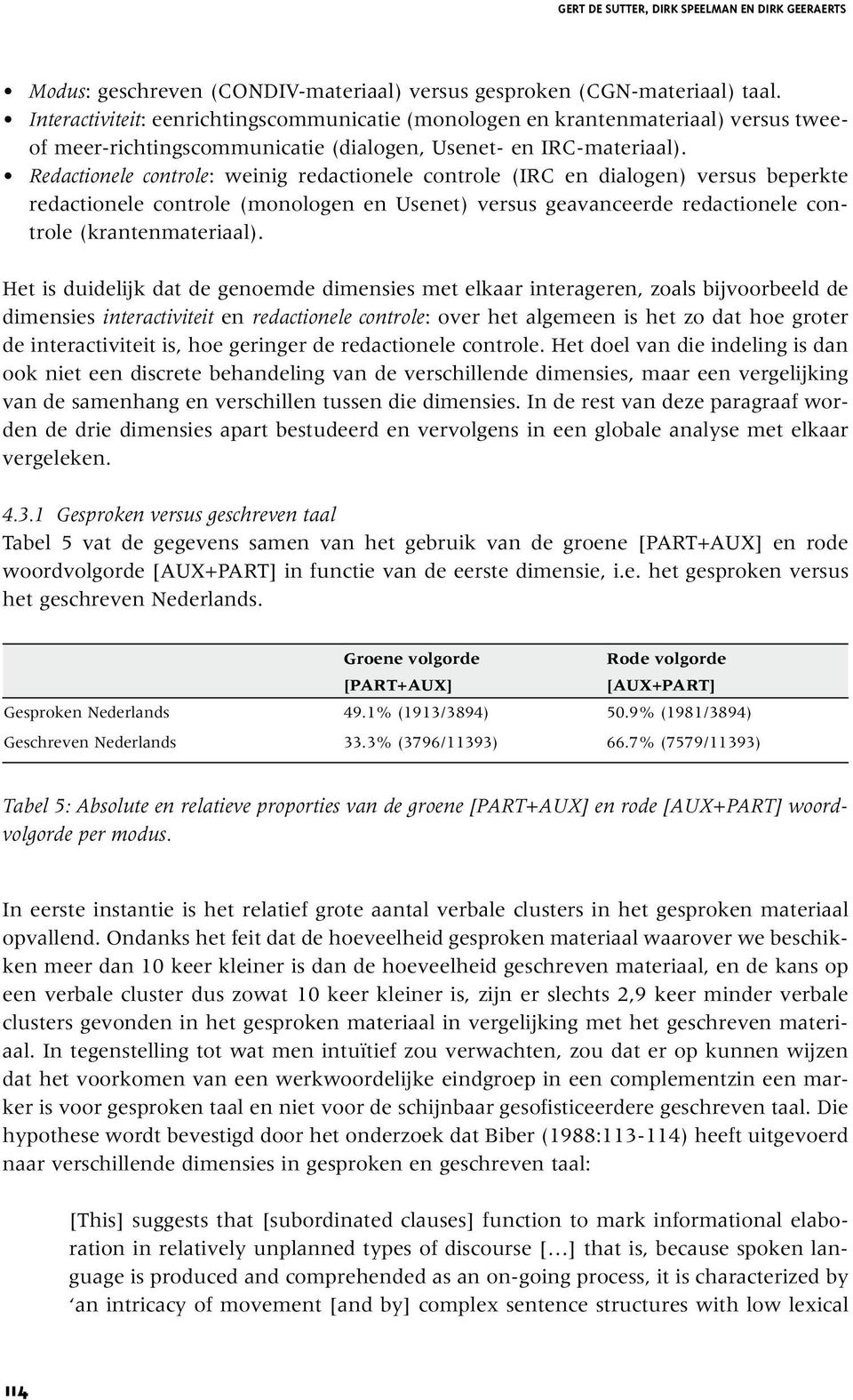 Redactionele controle: weinig redactionele controle (IRC en dialogen) versus beperkte redactionele controle (monologen en Usenet) versus geavanceerde redactionele controle (krantenmateriaal).