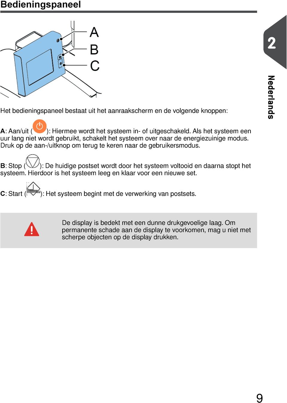 B: Stop ( ): De huidige postset wordt door het systeem voltooid en daarna stopt het systeem. Hierdoor is het systeem leeg en klaar voor een nieuwe set.