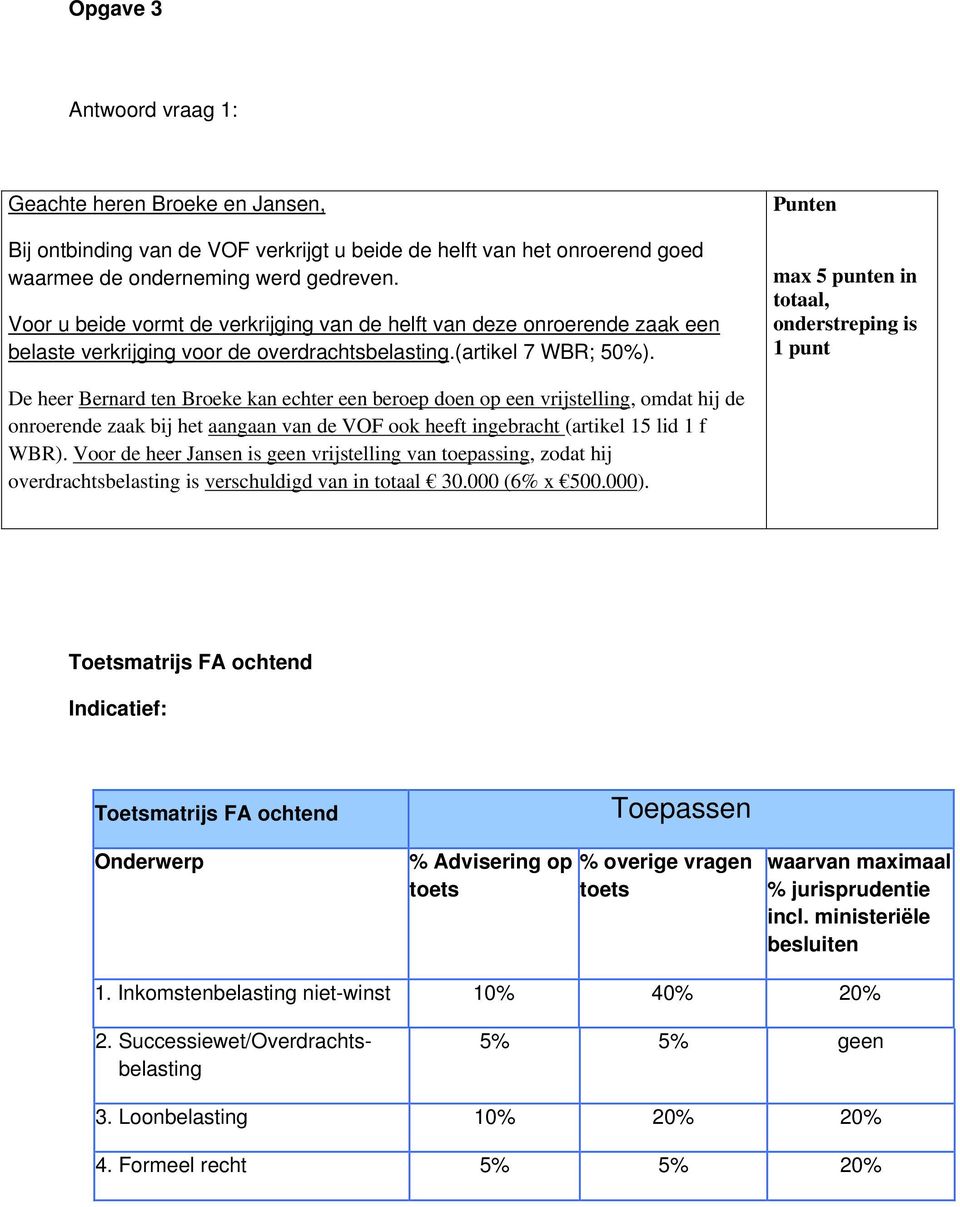 max 5 punten in totaal, onderstreping is punt De heer Bernard ten Broeke kan echter een beroep doen op een vrijstelling, omdat hij de onroerende zaak bij het aangaan van de VOF ook heeft ingebracht