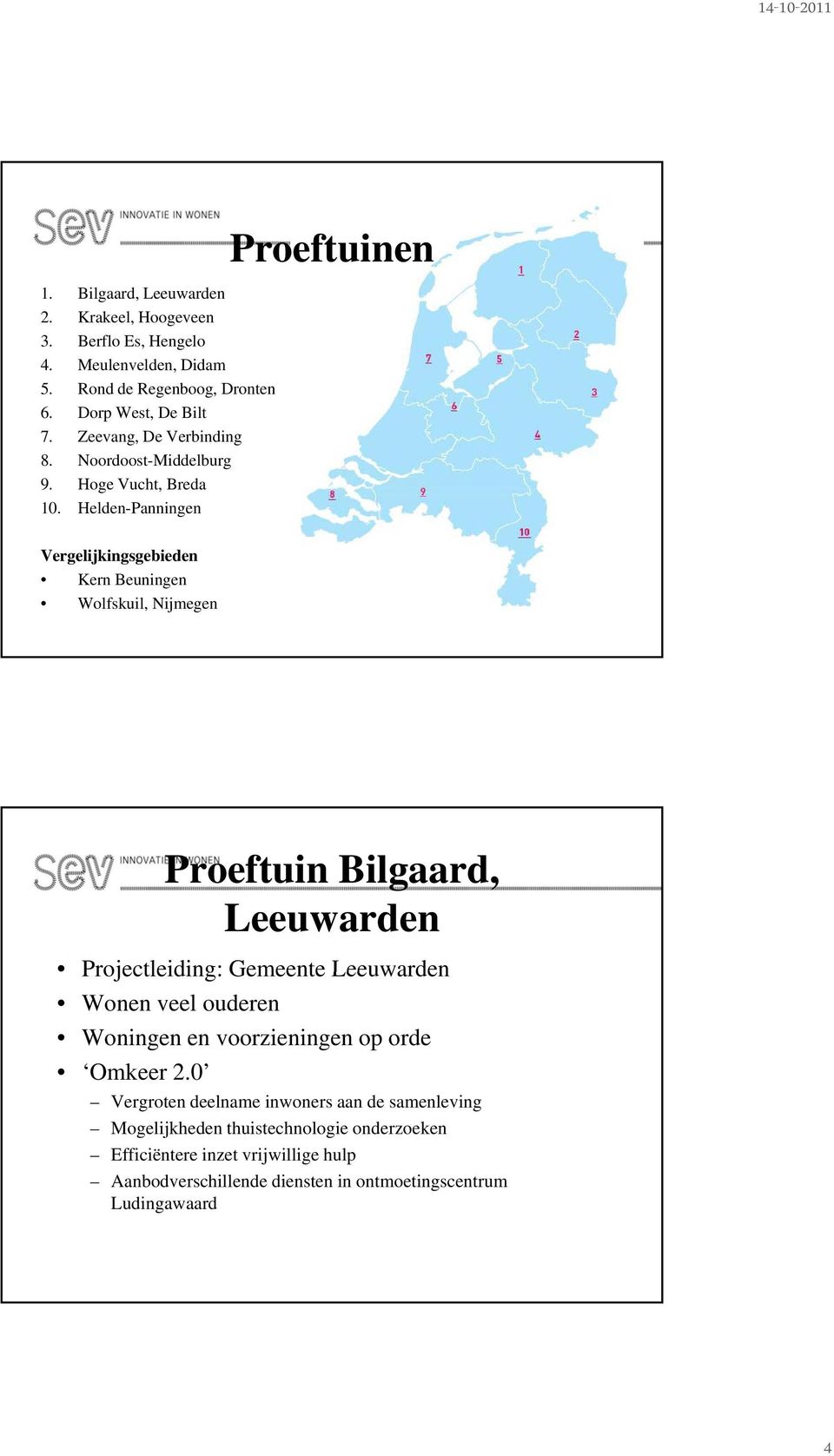 Helden-Panningen Proeftuinen Vergelijkingsgebieden Kern Beuningen Wolfskuil, Nijmegen Proeftuin Bilgaard, Leeuwarden Projectleiding: Gemeente Leeuwarden